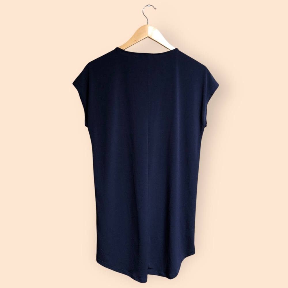 Carmen Marc Valvo Navy Blue Short Sleeved Blouse Top Gold Zipper Women’s Small - Picture 7 of 9